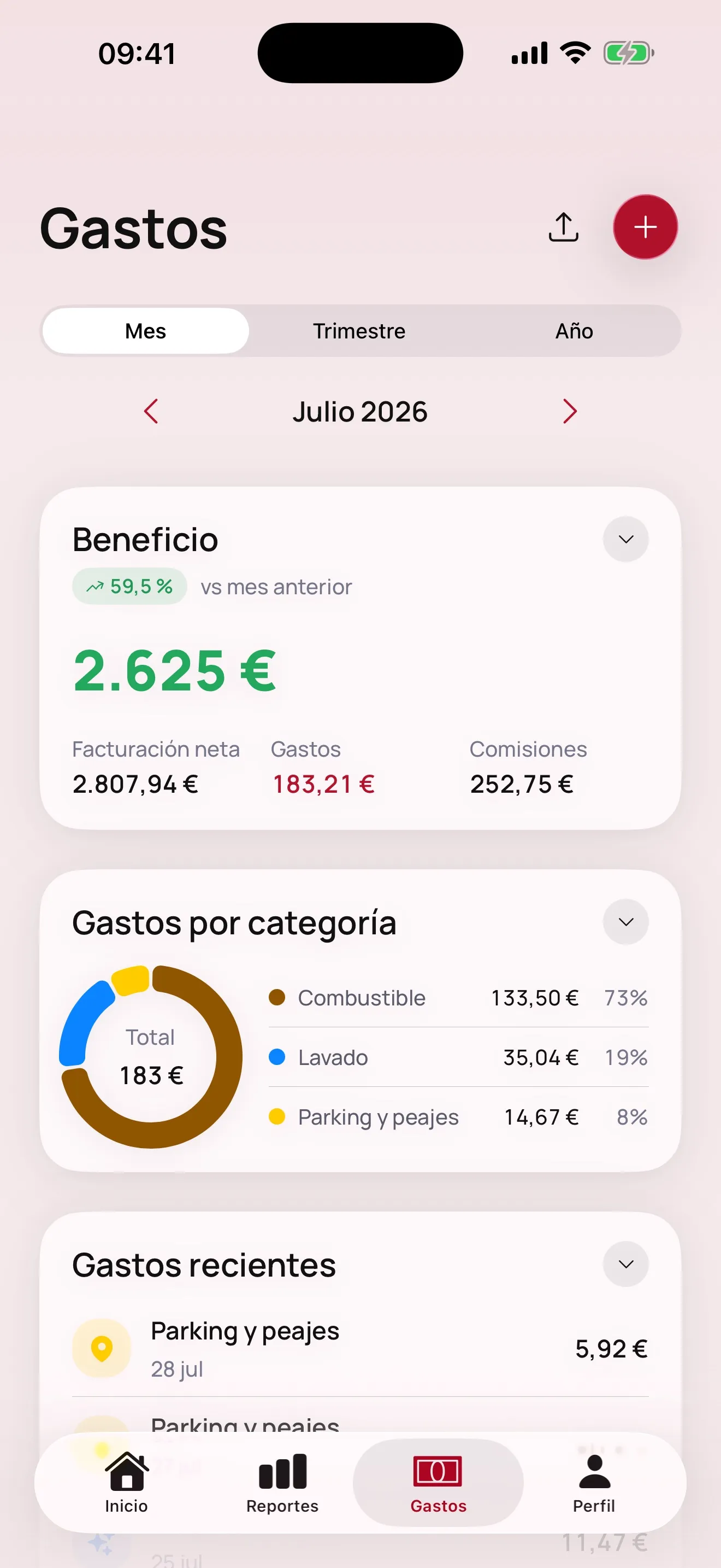 App Taxio en iPhone: gastos del mes por categoría y beneficio real