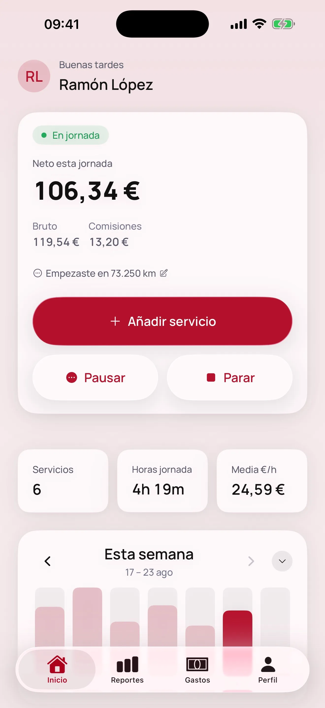 App Taxio en iPhone: jornada en curso con el neto, el bruto y las comisiones