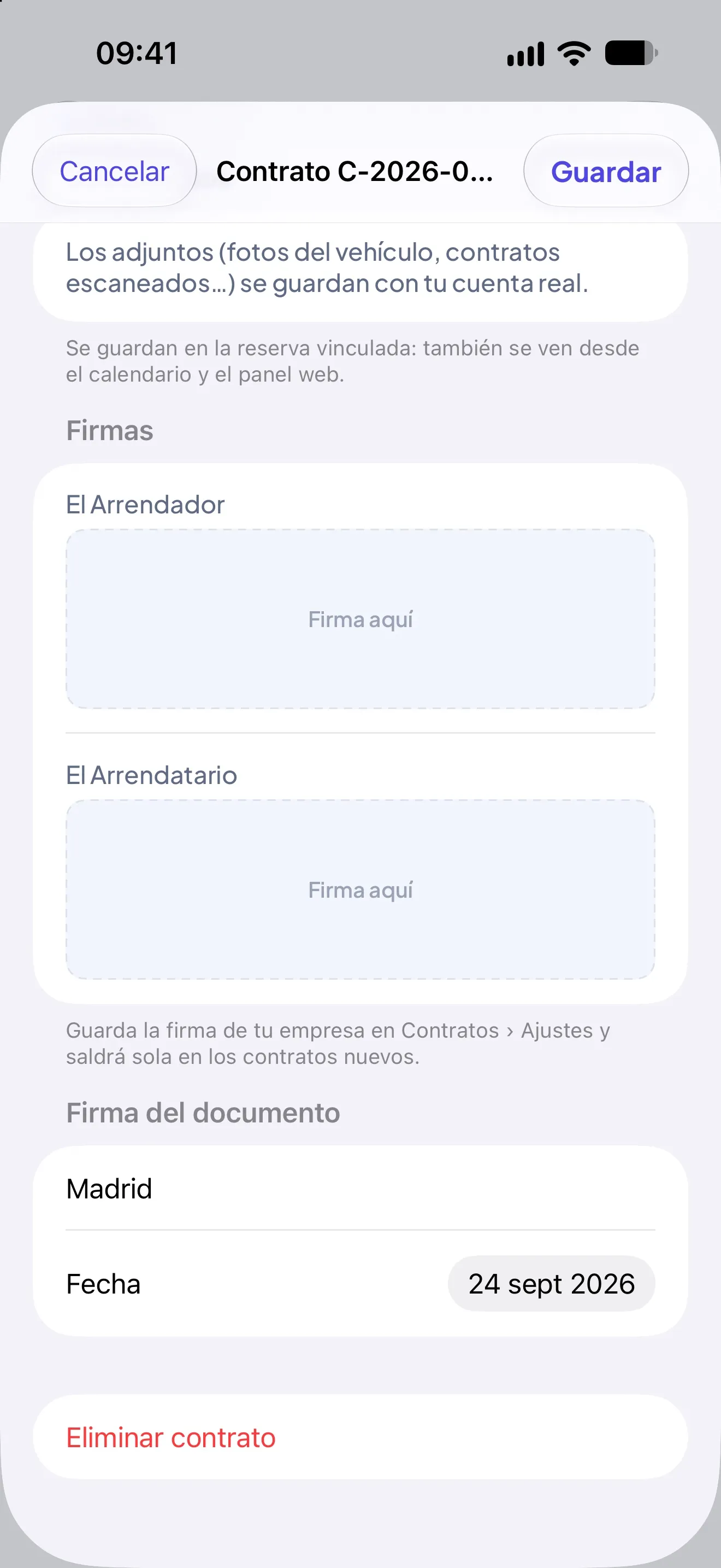 App de Vekta en iPhone: contrato de alquiler con las firmas del arrendador y del arrendatario