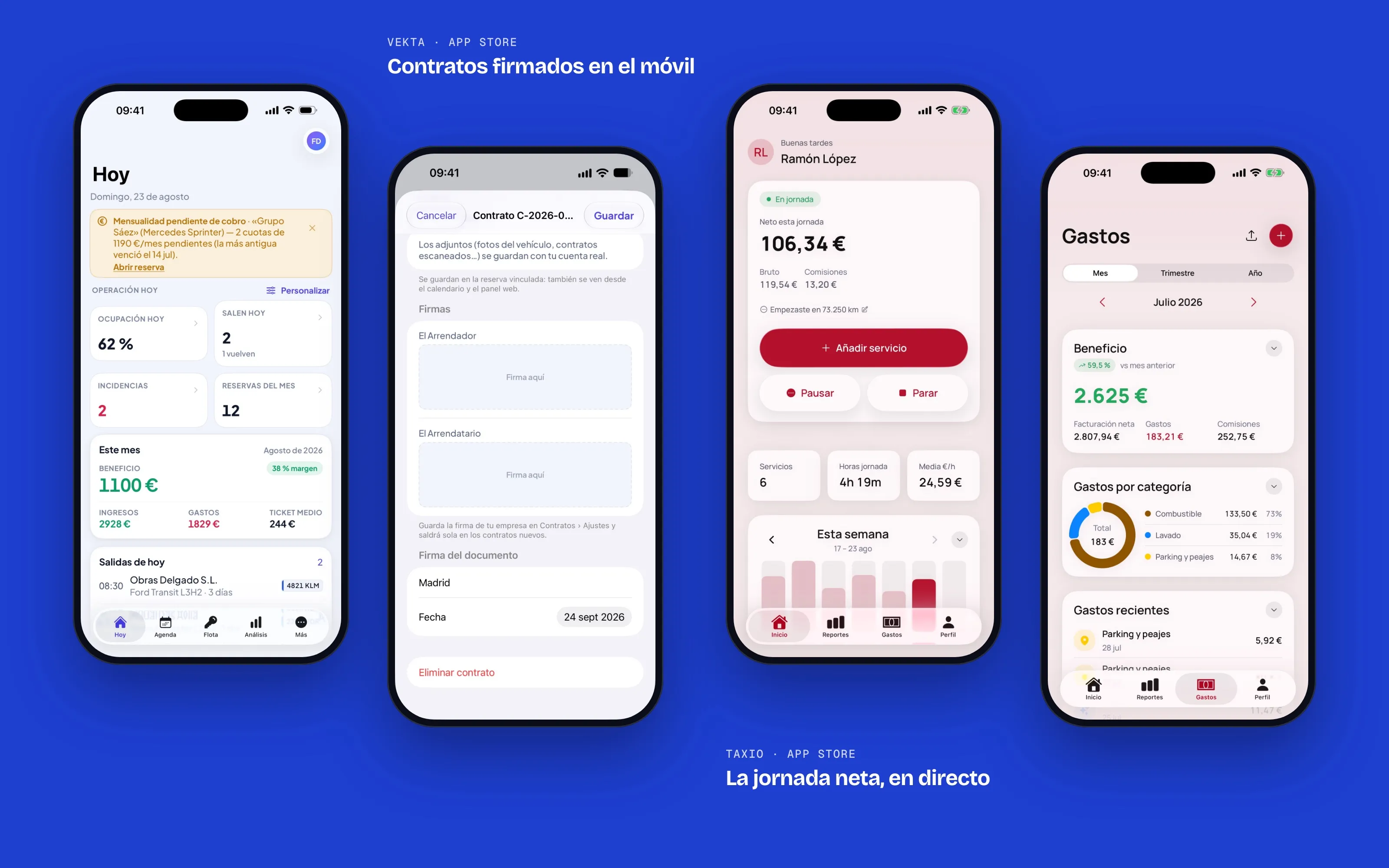 Las apps de Vekta y Taxio en el iPhone: panel del día, contrato firmado, jornada neta y gastos