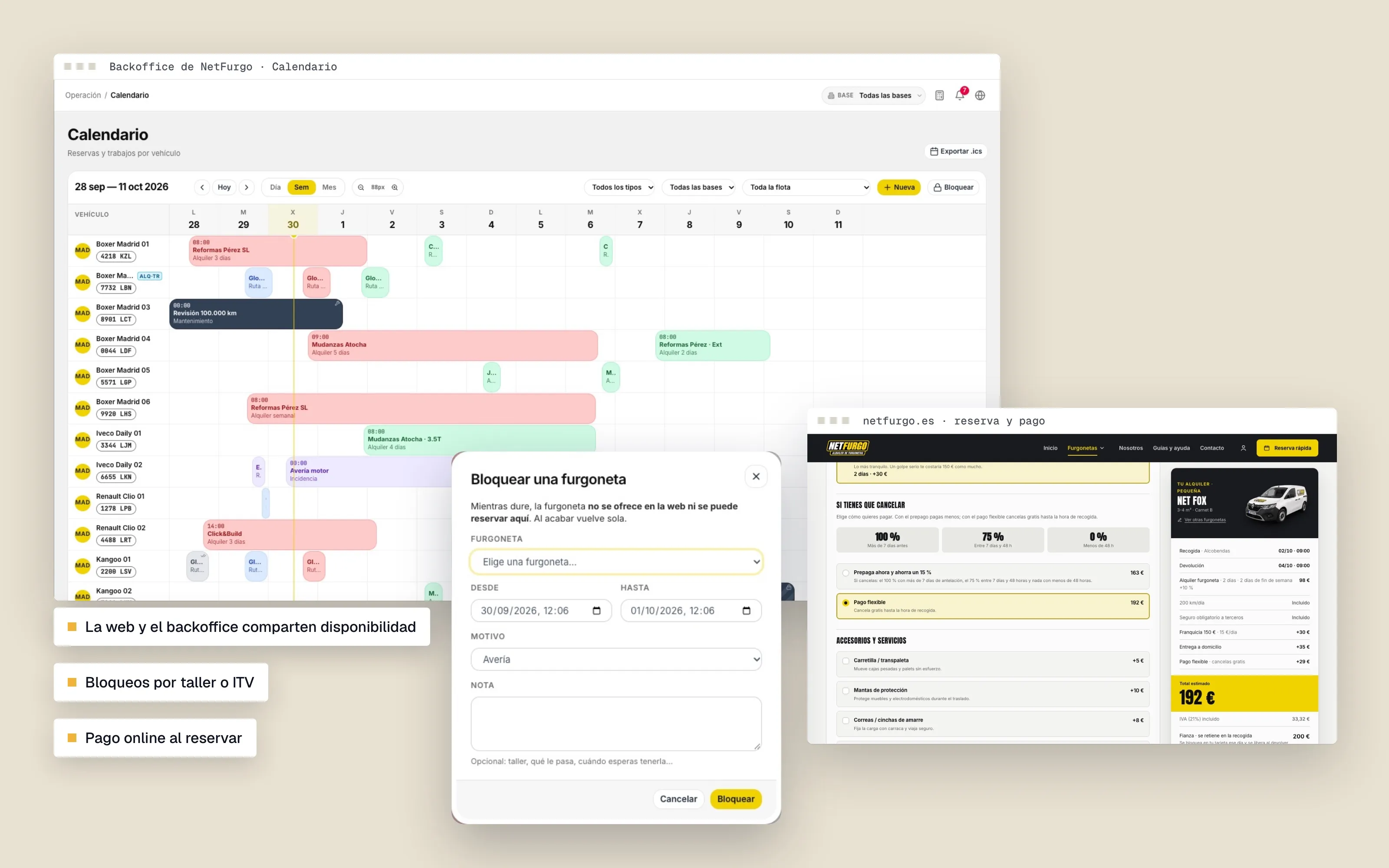 Backoffice de NetFurgo: calendario de la flota, bloqueo de una furgoneta y la reserva con pago en netfurgo.es