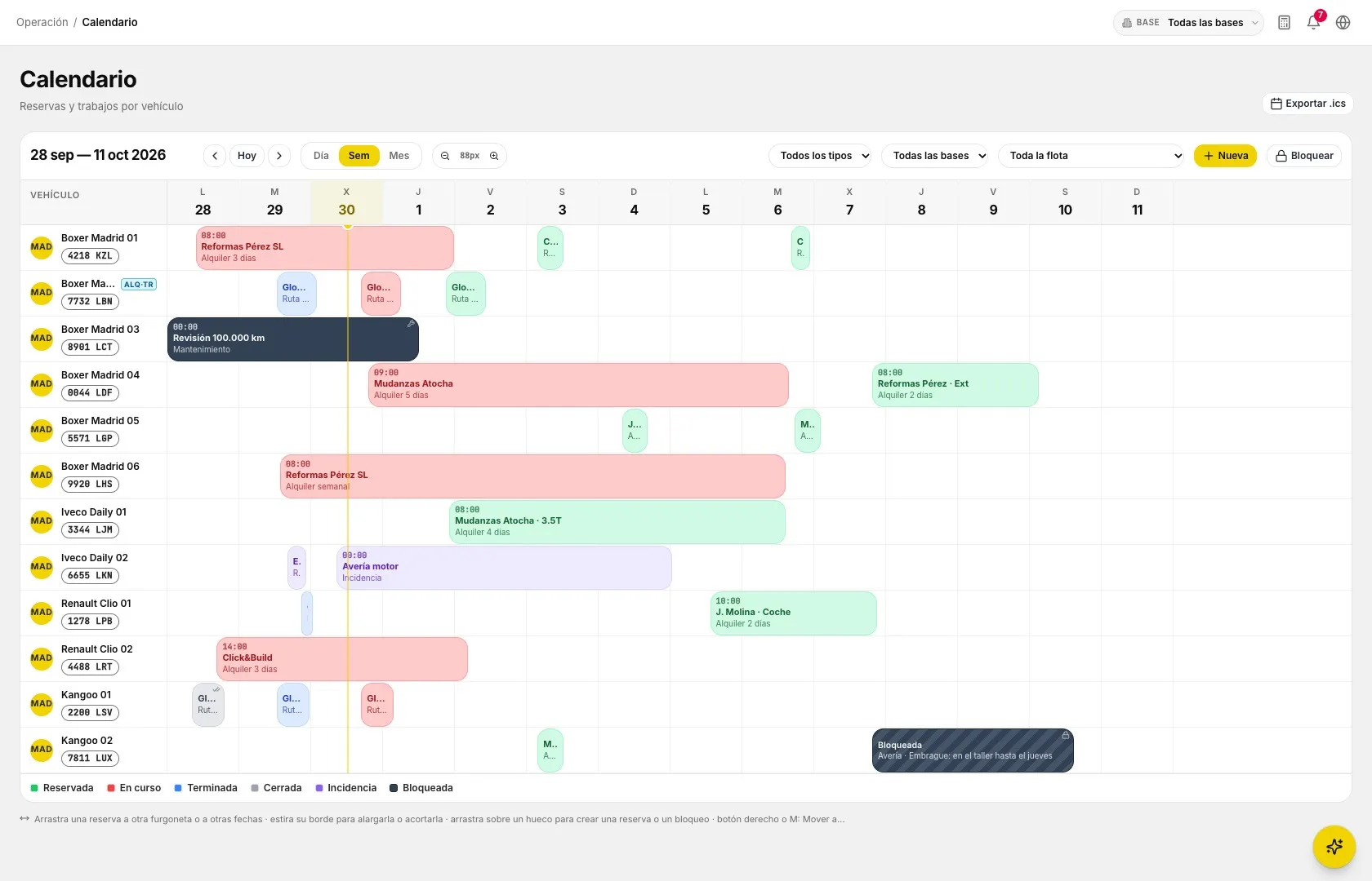 Calendario del backoffice de NetFurgo con reservas, mantenimientos y un bloqueo por furgoneta