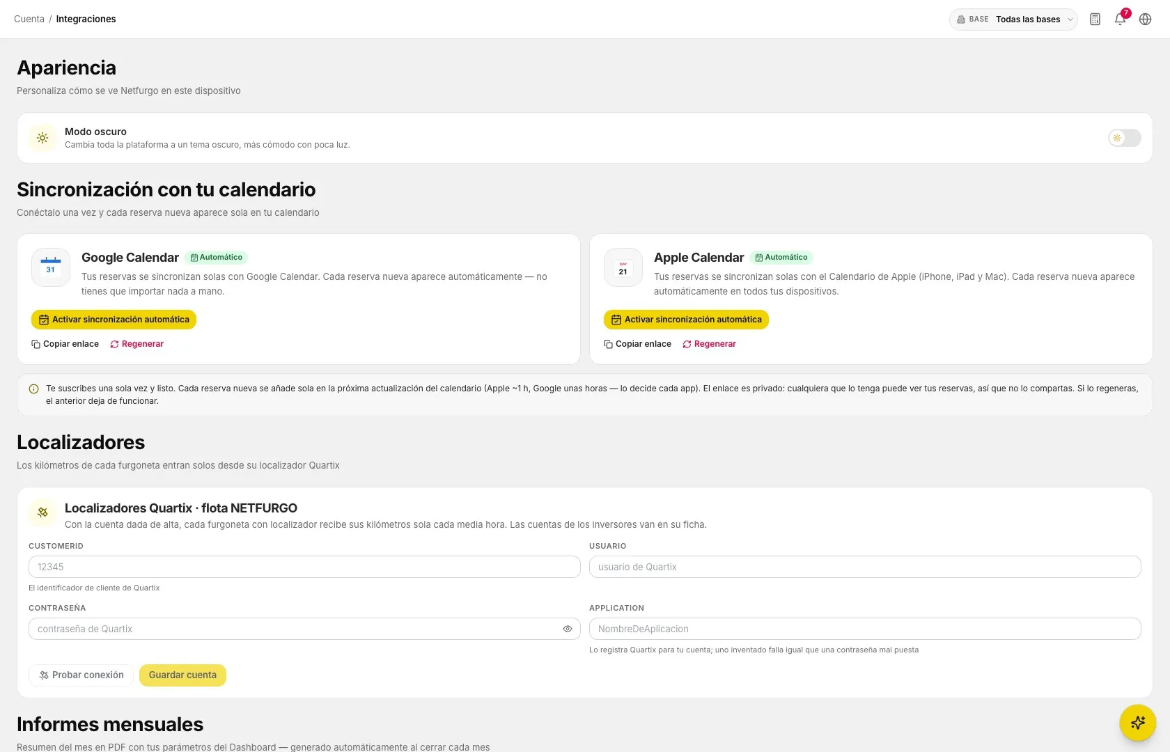Integraciones del backoffice de NetFurgo: Google Calendar, Apple Calendar y localizadores GPS
