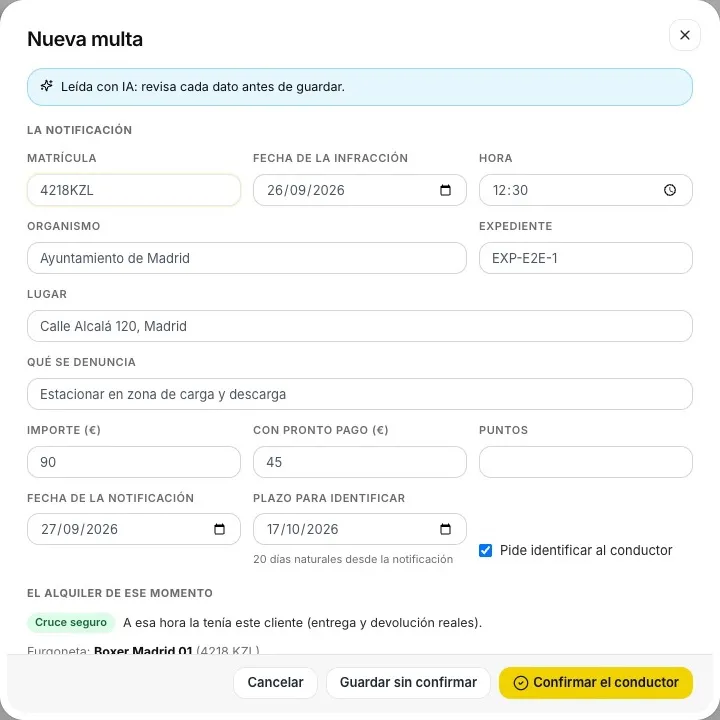 Multa leída con IA en el backoffice de NetFurgo y cruzada con el alquiler de ese momento