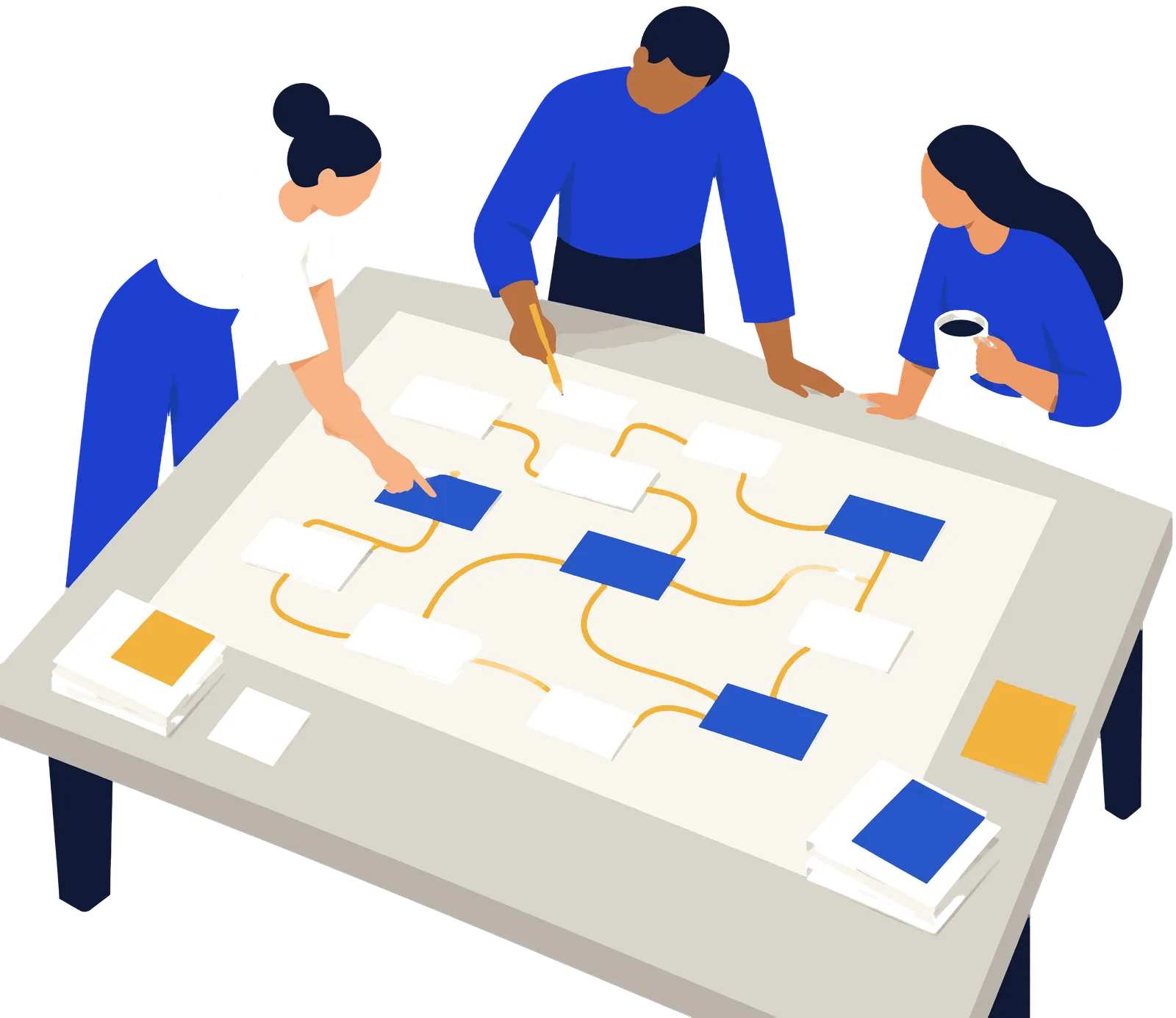 Tres personas de Telar dibujan sobre una mesa el mapa de procesos de una empresa: cajas unidas por hilos azafrán y algunas marcadas en cobalto.