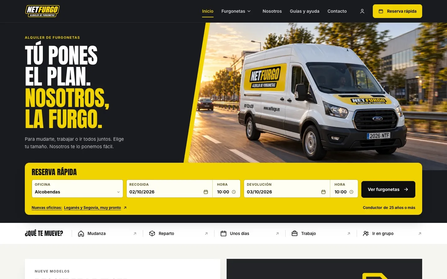 Portada de netfurgo.es, la web de alquiler de furgonetas con reserva rápida por oficina y fechas