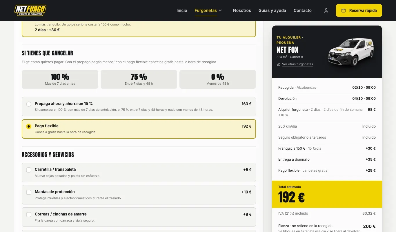 Reserva en netfurgo.es con el resumen de precio, los extras y el pago por adelantado
