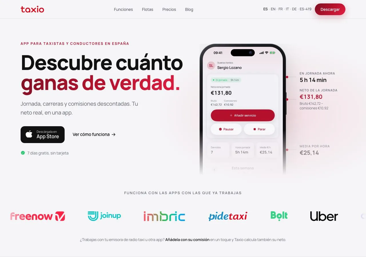 Portada de taxio.es, la web de la app para taxistas y conductores de VTC