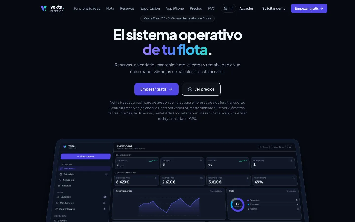 Portada de vektafleet.com, la web del software de gestión de flotas Vekta