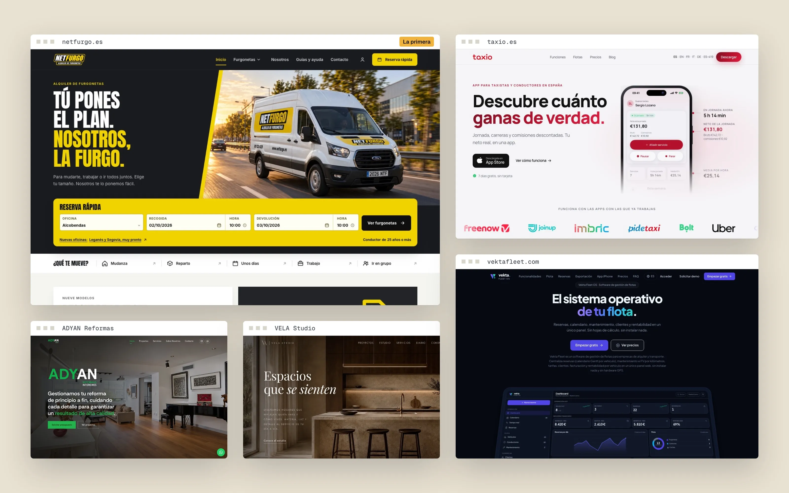 Cinco webs hechas por Telar: netfurgo.es, taxio.es, vektafleet.com, ADYAN Reformas y VELA Studio